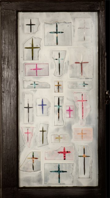 Black Cat Timothy.jpg - "Black Cat Timothy" 19 x 36" Mixed Media on Wood Window w/Glass, Mixed Media on Wood Painting Attached 2008