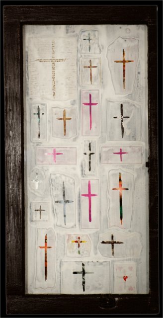 Grandma Whitley's Last Letter.jpg - "Grandma Whitley?s Last Letter" 18 x 36" Mixed Media on Wood Window w/Glass, Mixed Media on Wood Painting Attached 2007