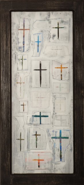 Spain III.jpg - "Spain III" 18 x 36"  Mixed Media on Wood Window w/Glass, Mixed Media on Wood Painting Attached 2007