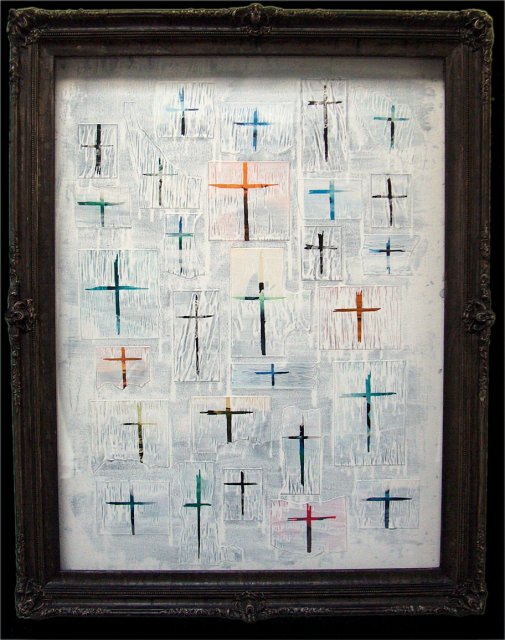 Surfers & Skeletons II (A).JPG - "Surfers, Skeletons, and Skulls"  44 x 57" Mixed Media on Wood Window w Plexiglass, Mixed Media on Wood Painting Attached 2008