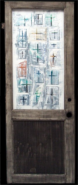 Surfers & Skeletons III.JPG - "Surfers and Skeletons III" 44 x 57" Mixed Media on Wood Window w Plexiglass, Mixed Media on Wood Painting Attached 2008