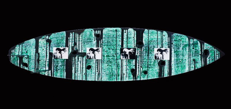 Faith in Chaos.jpg - 77 x 19 x 7" Mixed Media on Bullet Riddled Fiberglass Surfboard, Photographs, Resin, Wood Blocks 2011 