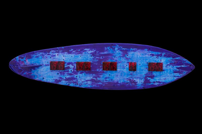 Photo- Joshua White 2008-2017-sm.jpg - Violent Violet 79 x 20 x 10"   Mixed Media on bullet riddled fiberglass surfboard, resin on wood blocks 2009