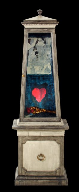 Our Queen of Hearts is Our Queen of Sorrows(A).jpg - “Queen Obscura”   22 x 72 x 15”   Mixed Media on Wood Cabinet, Window w/ Obscure Danish Glass and Interior Lamp, Mixed Media on Wood Painting, Dead Roses   2003   