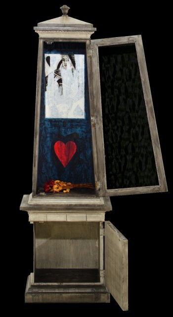 Our Queen of Hearts is Our Queen of Sorrows(B).jpg - “Queen Obscura”   22 x 72 x 15”   Mixed Media on Wood Cabinet, Window w/ Obscure Danish Glass and Interior Lamp, Mixed Media on Wood Painting, Dead Roses   2003   