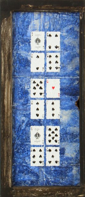 Candle.jpg - “Candle”  16 x 36”   Mixed Media on Wood Window w/Obscure Glass, Playing Cards, Mixed Media on Canvas Affixed to Wood 2004  