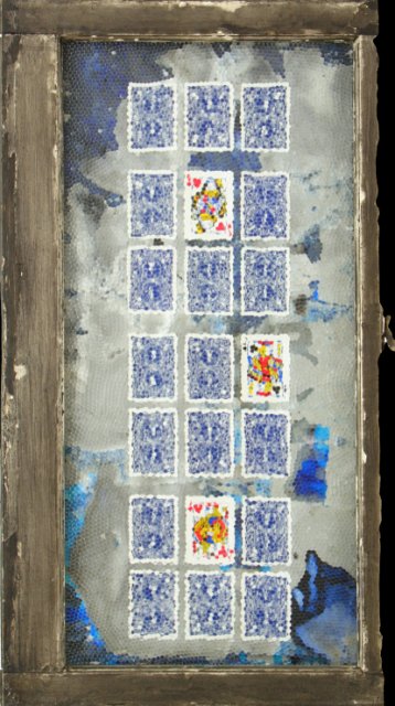Gianna C.jpg - “Giana C.” 19 x 40”   Mixed Media on Wood Window w/Obscure Glass, Playing Cards, Mixed Media on Canvas Affixed to Wood   2004