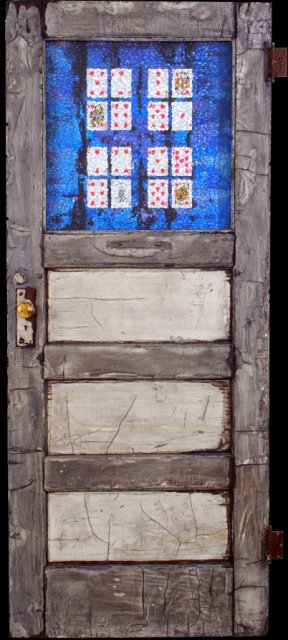 Memory's Door.jpg - “Memory's Doorway”   33 x 79”   Mixed Media on Wood Door w/Obscure Glass and Brass Handle, Playing Cards, Mixed Media on Canvas Affixed to Wood   2004   