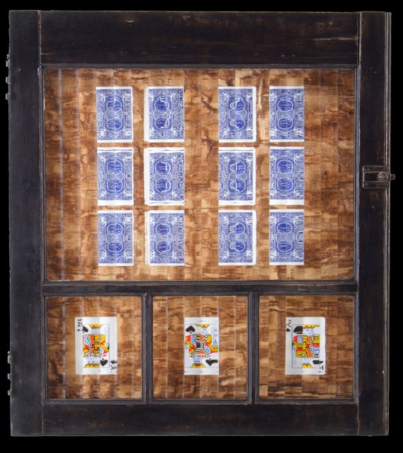Mexicopper.jpg - “MexiCopper ”  23 x 26 x 4” Mixed Media on Wood Window w/Obscure Glass, Playing Cards, Mixed Media on Canvas Affixed to Wood 2006  