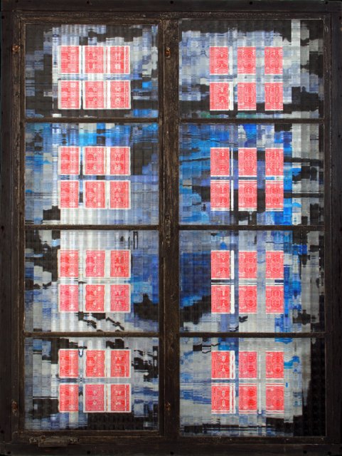 The Ocean & Solitaire.jpg - “The Ocean and Solitaire III”   39 x 52 x 4”   Mixed Media on Steel Window w/Obscure Glass, Playing Cards, Mixed Media on Canvas Affixed to Wood 2005  