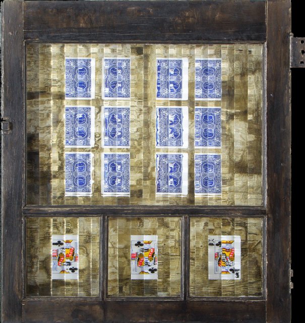 The Three Kings.jpg - “The Three Kings”   23 x 26 x 4”   Mixed Media on Wood Window w/Obscure Glass, Playing Cards, Mixed Media on Canvas Affixed to Wood 2006  