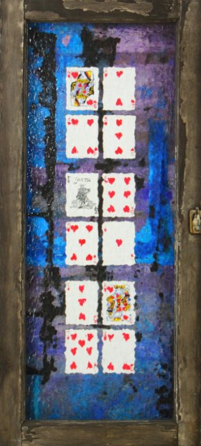 War For A Soul.jpg - "War For A Soul" 16 x 36" Mixed Media on Wood Window w/Obscure Glass, Playing Cards, Mixed Media on Canvas Affixed to Wood 2004
