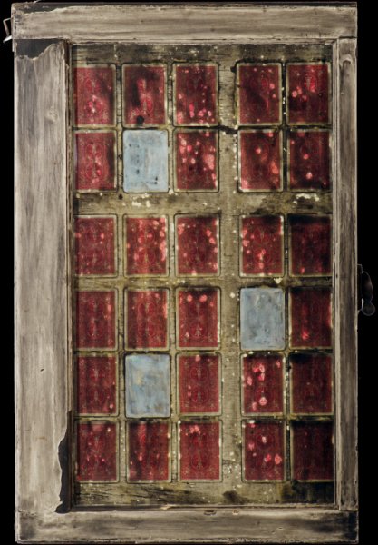King, Queen and Some Joker.jpg - "A King, A Queen, and Some Joker"  19 x 30 "  Wood Window w/Glass, Playing Cards, Mixed Media on Wood  1997