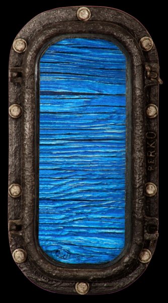 Electric Ocean IV(A).jpg -  "Ocean Electric XVI"    8 x 16 x 4"   Mixed Media on Aluminum Porthole, Mixed Media On Wood Painting Attached    2008 