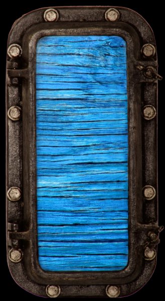 Electric Ocean IX(A).jpg -  "Ocean Electric XVI"    8 x 16 x 4"   Mixed Media on Aluminum Porthole, Mixed Media On Wood Painting Attached    2008 