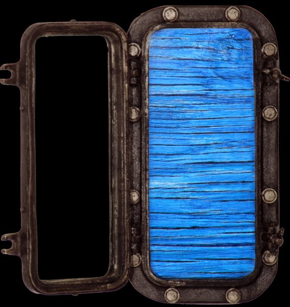 Electric Ocean IX(B).jpg -  "Ocean Electric XVI"    8 x 16 x 4"   Mixed Media on Aluminum Porthole, Mixed Media On Wood Painting Attached    2008 