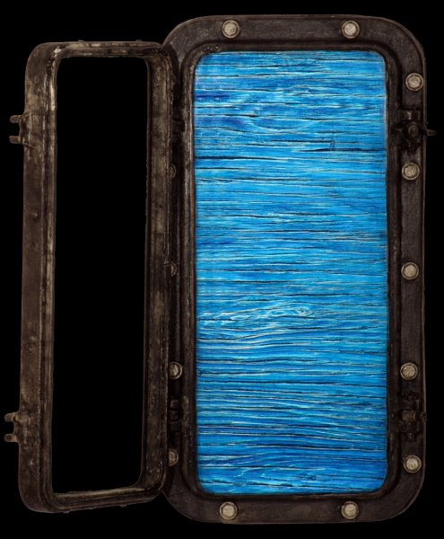 Electric Ocean VII(B).jpg -  "Ocean Electric XVIII"   11 x 21 x 5"   Mixed Media on Aluminum Porthole, Mixed Media On Wood Painting Attached  2008 