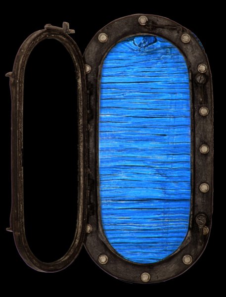 Electric Ocean VIII(B).jpg -  "Ocean Electric XV"   11 x 21 x 4"   Mixed Media on Brass Porthole, Mixed Media On Wood Painting Attached  2008 