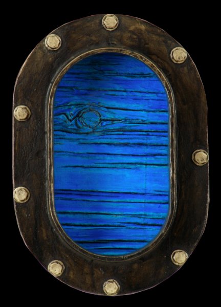 Electric Ocean II.jpg -  "Ocean Electric XI"    9 x 13 x 4"   Mixed Media on Brass Porthole, Mixed Media On Wood Painting Attached    2008 