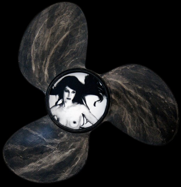 Propeller-III.jpg - "Propeller III" 15 x 15 x 8" inches��� Mixed Media on Aluminum Propeller, Photograph Photograph Developed by Jennifer Hart Biagiotti  2008