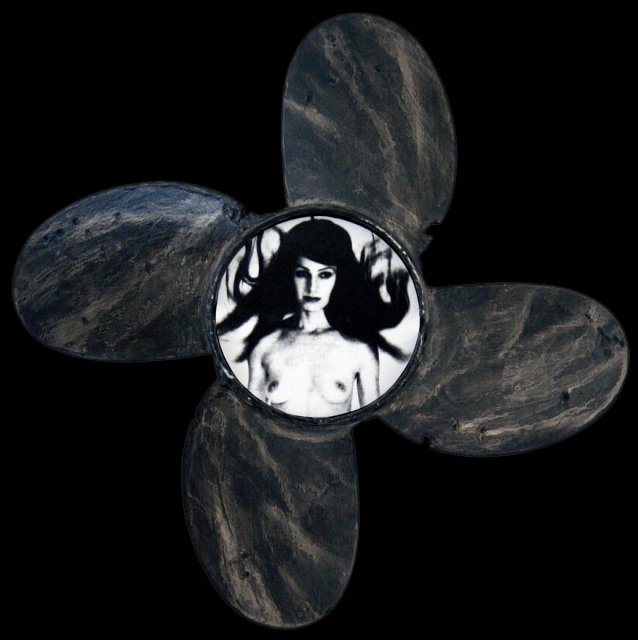Propeller.jpg - "Propeller"  14 x 14 x 8" inches Mixed Media on Aluminum Propeller, Photograph Photograph Developed by Jennifer Hart Biagiotti  2008