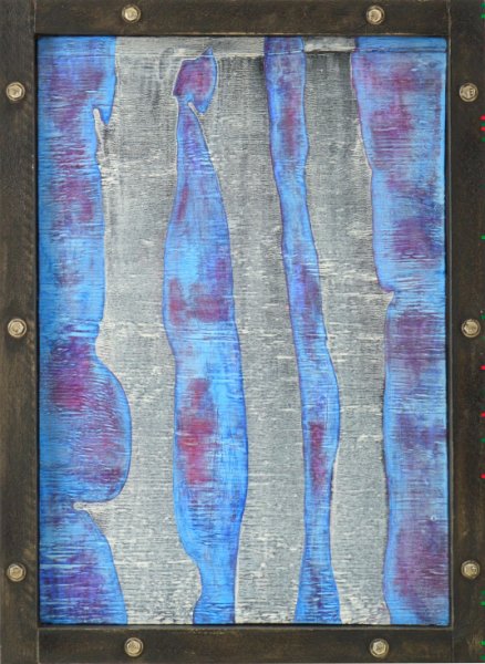 Three Lines for Three Friends.jpg - "Three Lines for Three Friends" 19" x 28 X 3" inches Mixed Media on Wood Painting, Mixed Media on Wood Portal Box w/ Metal Bolts and Plexiglass 2004