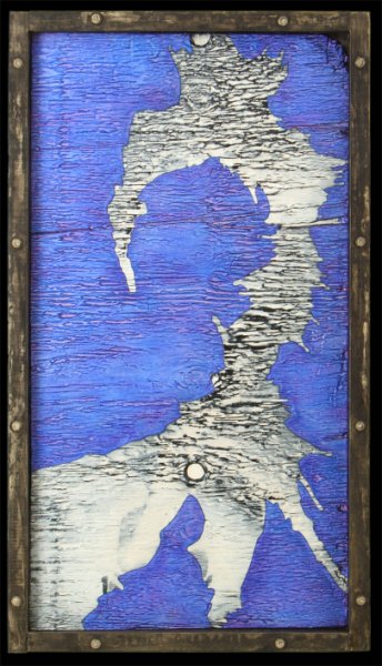 Wave of a Lifetime.jpg - "Wave of a Lifetime" 26" x 47" x 3" inches  Mixed Media on Wood Painting, Mixed Media on Wood Portal Box w/ Metal Bolts and Plexiglass 2004