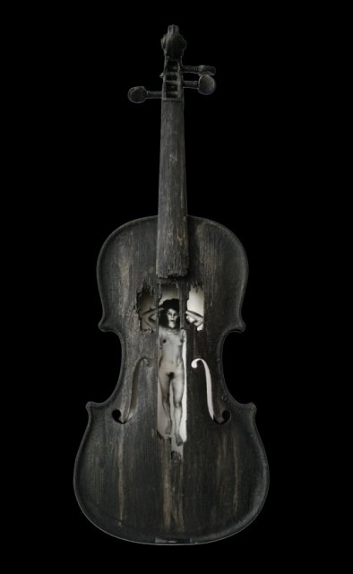 Beauty and a Broken Song IV.JPG - “Beauty and a Broken Song IV”   8 x 28 x 3”    Mixed Media on Burnt Violin, Photograph     Photograph Developed by Jennifer Hart Biagiotti   2008 Row 2 