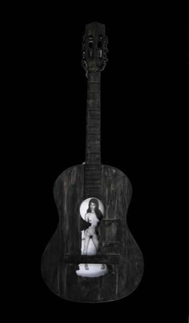 Beauty and a Broken Song VI.JPG - “Beauty and a Broken Song VII”    18 x 48 x 7”    Mixed Media on Burnt Cello, Photograph   Photograph Developed by Jennifer Hart Biagiotti   