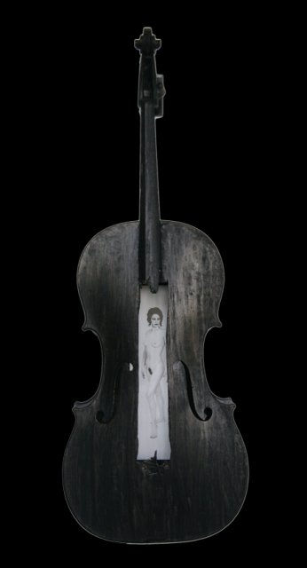 Beauty and a Broken Song VII (Cello I).JPG - “Beauty and a Broken Song VII”    18 x 48 x 7”    Mixed Media on Burnt Cello, Photograph   Photograph Developed by Jennifer Hart Biagiotti <br