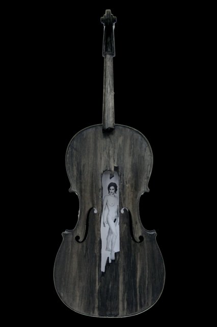 Beauty and a Broken Song VII (Cello II).JPG - “Beauty and a Broken Song VII”    18 x 48 x 7”    Mixed Media on Burnt Cello, Photograph   Photograph Developed by Jennifer Hart Biagiotti <br